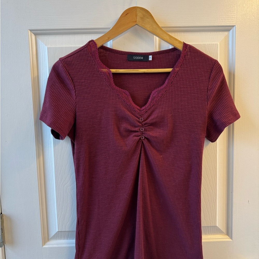 Uodim Women’s Short Sleeve Ribbed Top With Buttons Size L